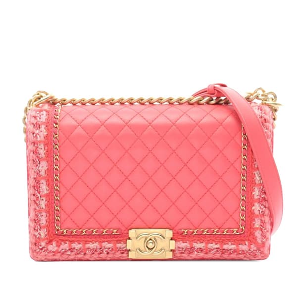 Pre-owned Chanel Old Medium Lambskin and Braided Tweed Jacket Boy Flap Pink