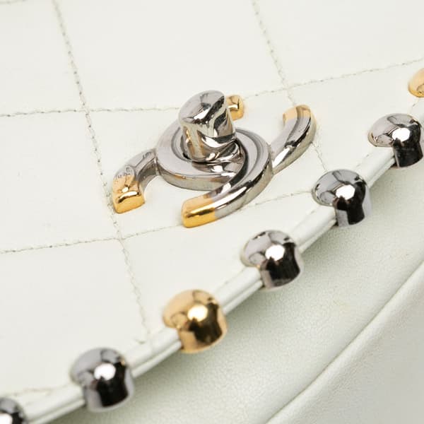 Pre-owned Chanel Small Quilted Lambskin Studded Bubble Flap White