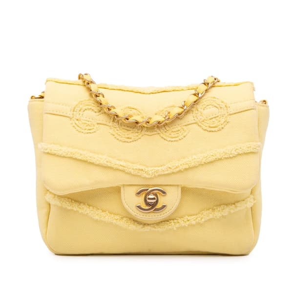Pre-owned Chanel Small Chevron Denim Fringe Coco Flap Yellow