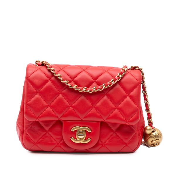 Pre-owned Chanel Mini Square Classic Lambskin Pearl Crush Single Flap Red