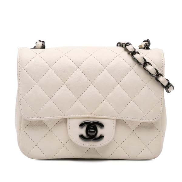 Pre-owned Chanel Mini Square Classic Crumpled Calfskin Single Flap White