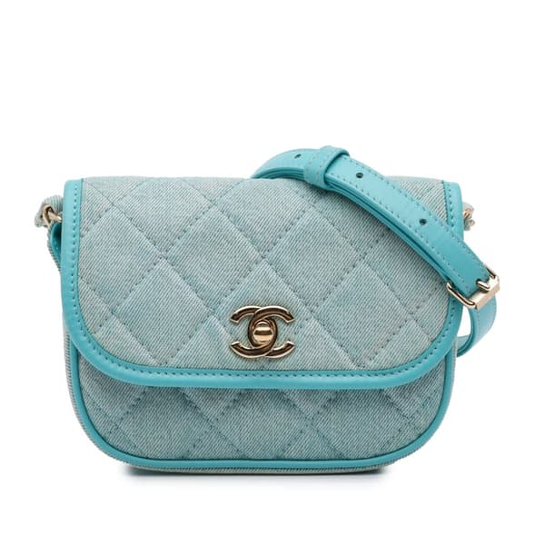 Pre-owned Chanel Mini CC Quilted Denim Messenger Flap Blue
