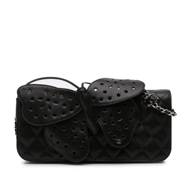 Pre-owned Chanel Quilted Lambskin Butterfly Clutch With Chain Black