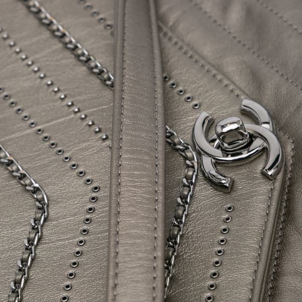 Pre-owned Chanel Mini Embellished Calfskin Chevron Square Envelop Flap Gray