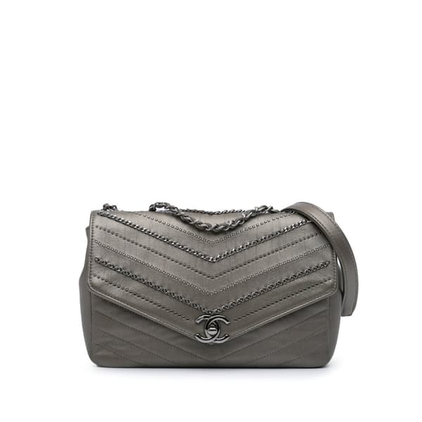 Pre-owned Chanel Mini Embellished Calfskin Chevron Square Envelop Flap Gray