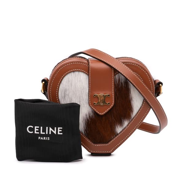 Pre-owned Celine Pony Hair Triomphe Heart Tambour Crossbody Brown