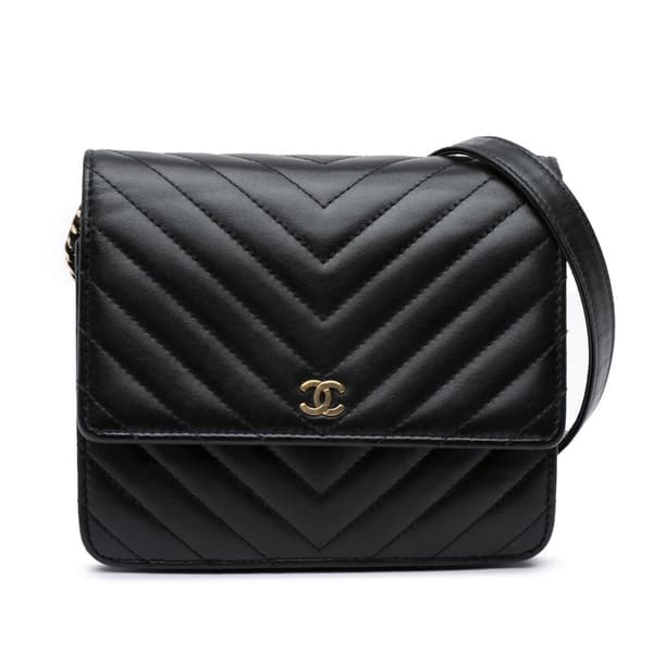 Pre-owned Chanel CC Chevron Lambskin Square Wallet On Chain Black