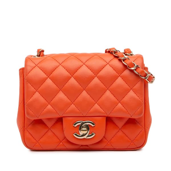 Pre-owned Chanel Mini Square Classic Lambskin Single Flap Orange