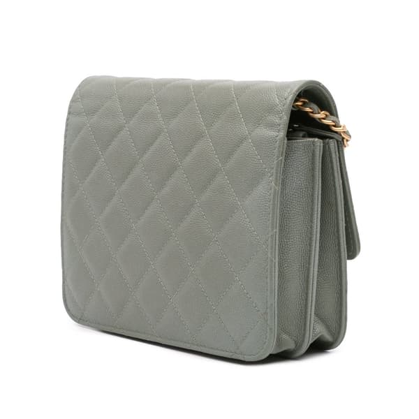 Pre-owned Chanel Quilted Caviar Square Wallet on Chain Green