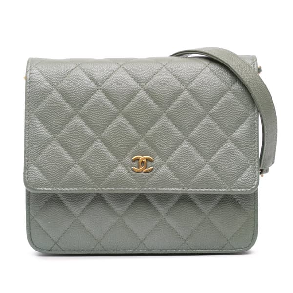 Pre-owned Chanel Quilted Caviar Square Wallet on Chain Green