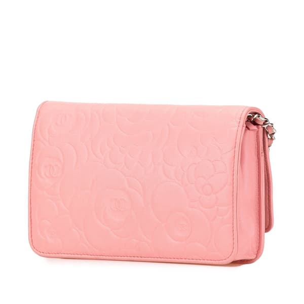 Pre-owned Chanel Embossed Lambskin Camellia Wallet On Chain Pink