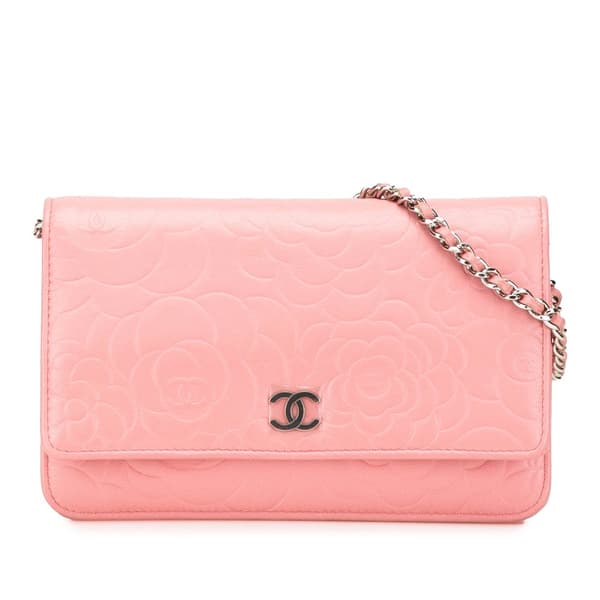 Pre-owned Chanel Embossed Lambskin Camellia Wallet On Chain Pink