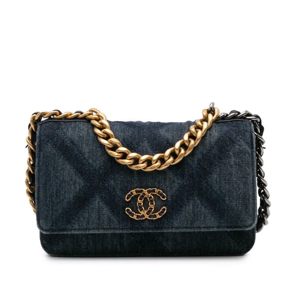 Pre-owned Chanel Denim Stitched 19 Flap Wallet On Chain Blue