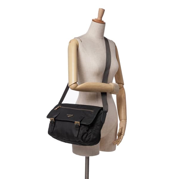 Pre-owned Prada Saffiano Trimmed Tessuto Zip Double Buckle Messenger Bag Black