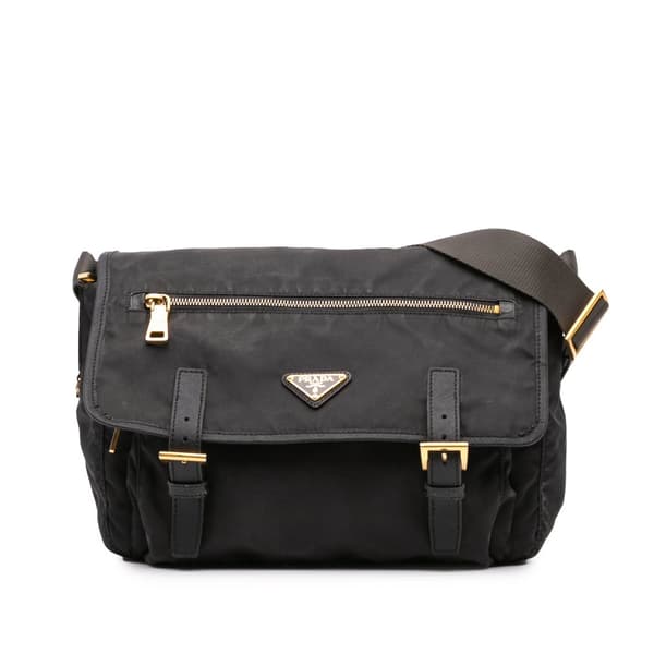 Pre-owned Prada Saffiano Trimmed Tessuto Zip Double Buckle Messenger Bag Black