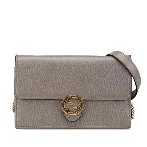 Pre-owned Gucci Leather Interlocking G Dollar Wallet on Chain Gray