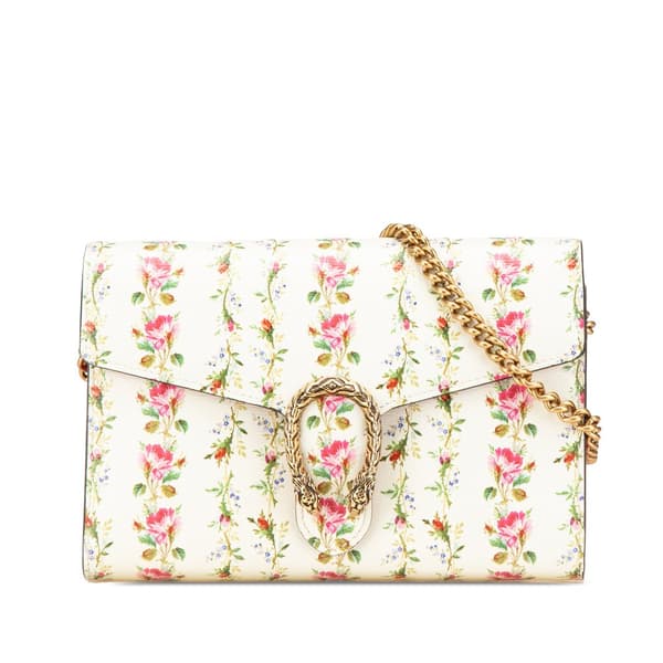 Pre-owned Gucci Limited Edition Mini Leather Floral Print Dionysus Wallet On Chain White