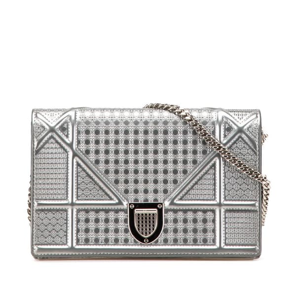 Pre-owned Dior Metallic Patent Microcannage Diorama Wallet on Chain Silver