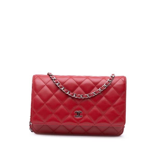 Pre-owned Chanel CC Lambskin Wallet on Chain Red