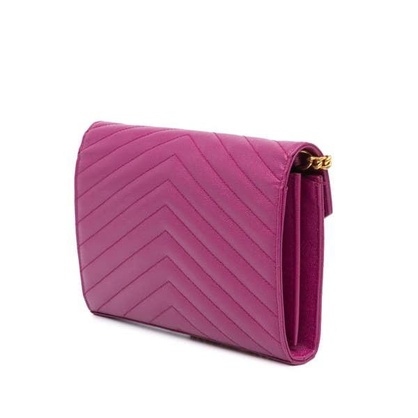 Pre-owned Saint Laurent Grain De Poudre Chevron Monogram Envelope Chain Wallet Purple