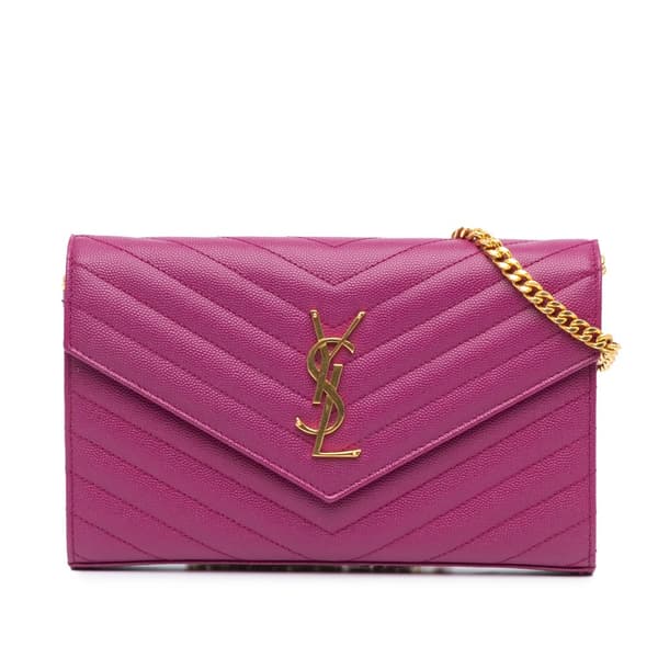Pre-owned Saint Laurent Grain De Poudre Chevron Monogram Envelope Chain Wallet Purple