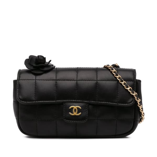Pre-owned Chanel Extra Mini Camellia Choco Bar Lambskin Flap Black