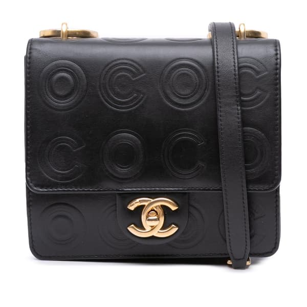 Pre-owned Chanel Mini Square Calfskin Coco Embossed Flap Black