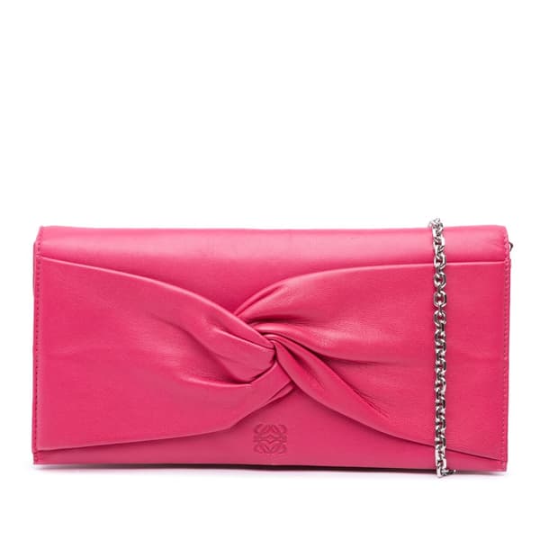 Pre-owned LOEWE Anagram Nappa Bow Tie Clutch with Chain Pink