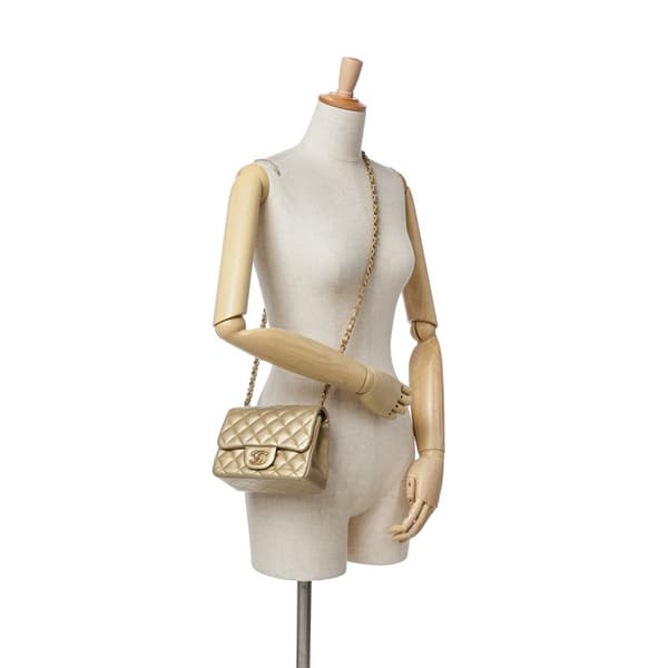 Pre-owned Chanel Mini Square Classic Caviar Single Flap Gold