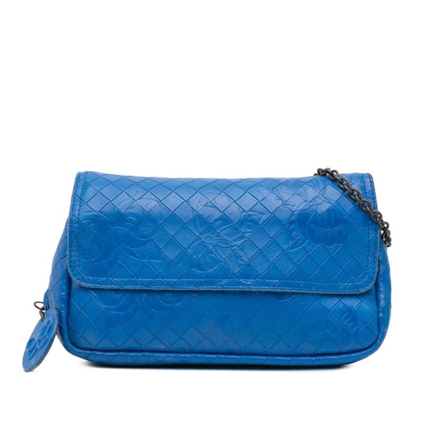 Pre-owned Bottega Veneta Small Calfskin Intrecciomirage Embossed Butterfly Chain Crossbody Blue