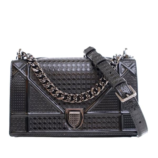 Pre-owned Dior Small Metallic Patent Microcannage Diorama Flap Gray