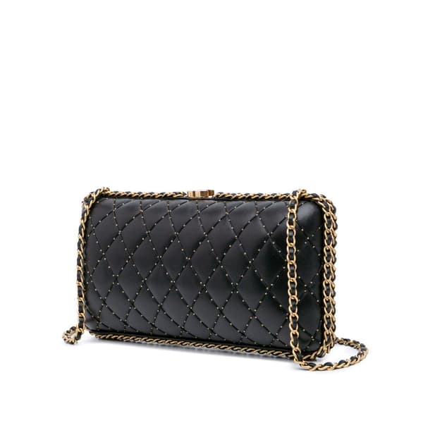 Pre-owned Chanel Quilted Lambskin Studded Chain Around Clutch with Chain Black