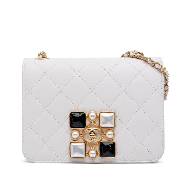 Pre-owned Chanel Small CC Quilted Calfskin Crystal Pearl Full Flap White