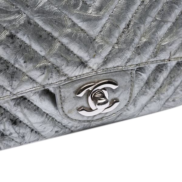 Pre-owned Chanel Mini Square Classic Chevron Metallic Crumpled Patent Single Flap Silver