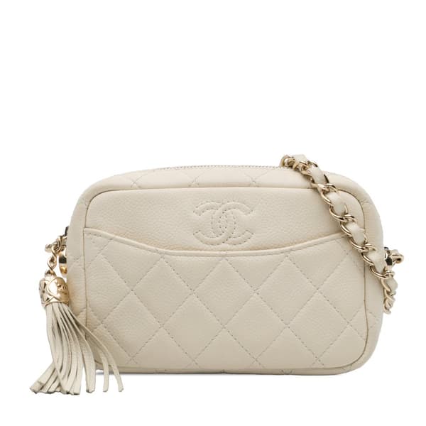 Pre-owned Chanel Small CC Flat Quilted Caviar Camera Bag White
