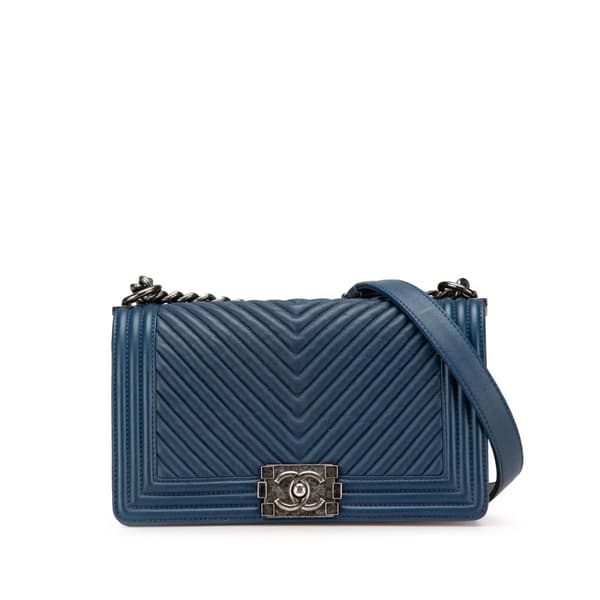 Pre-owned Chanel Old Medium Chevron Lambskin Boy Flap Blue