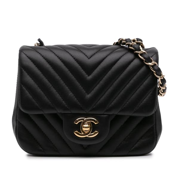 Pre-owned Chanel Mini Square Classic Chevron Lambskin Single Flap Black