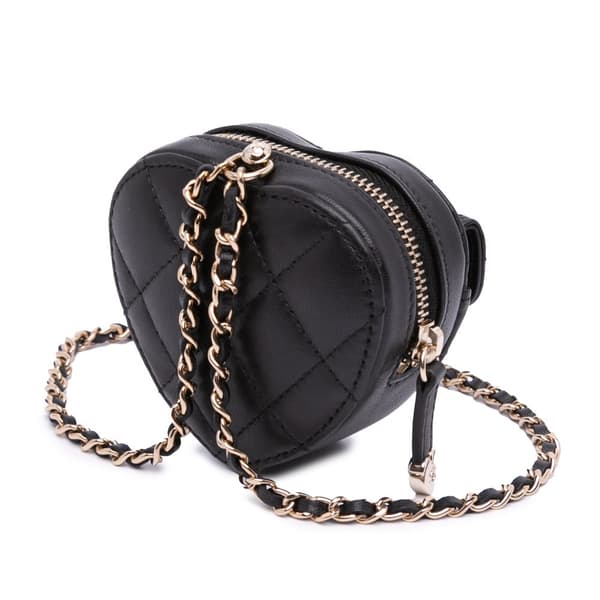Pre-owned Chanel Lambskin CC in Love Heart Necklace Bag Black