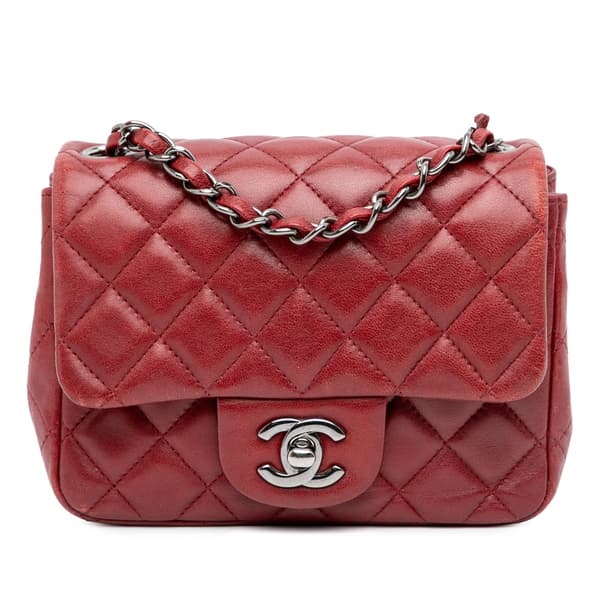 Pre-owned Chanel Mini Square Classic Lambskin Single Flap Red