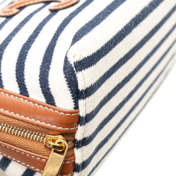 Pre-owned Celine Striped Canvas Triomphe Chain Crossbody White