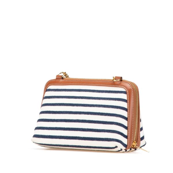 Pre-owned Celine Striped Canvas Triomphe Chain Crossbody White