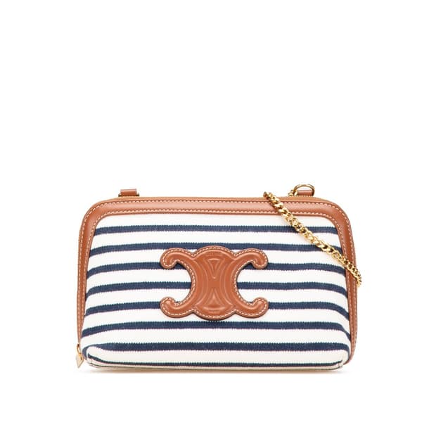 Pre-owned Celine Striped Canvas Triomphe Chain Crossbody White