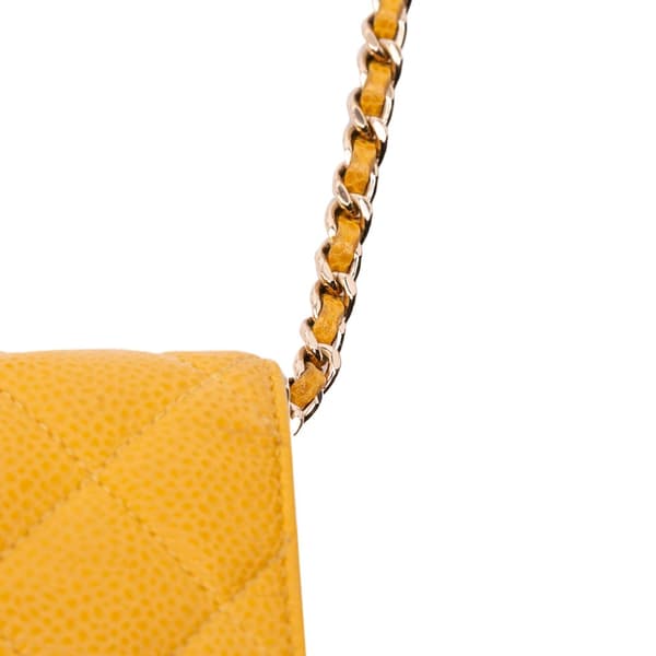 Pre-owned Chanel CC Quilted Caviar Wallet on Chain Yellow