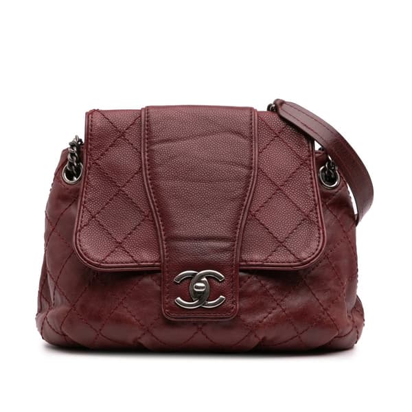 Pre-owned Chanel Medium Quilted Caviar and Aged Calfskin Bubble Graphic Messenger Bag Red