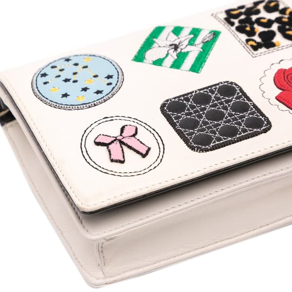 Pre-owned Dior Leather Patch Embellished Wallet on Chain White