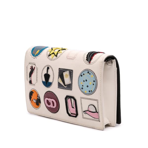 Pre-owned Dior Leather Patch Embellished Wallet on Chain White