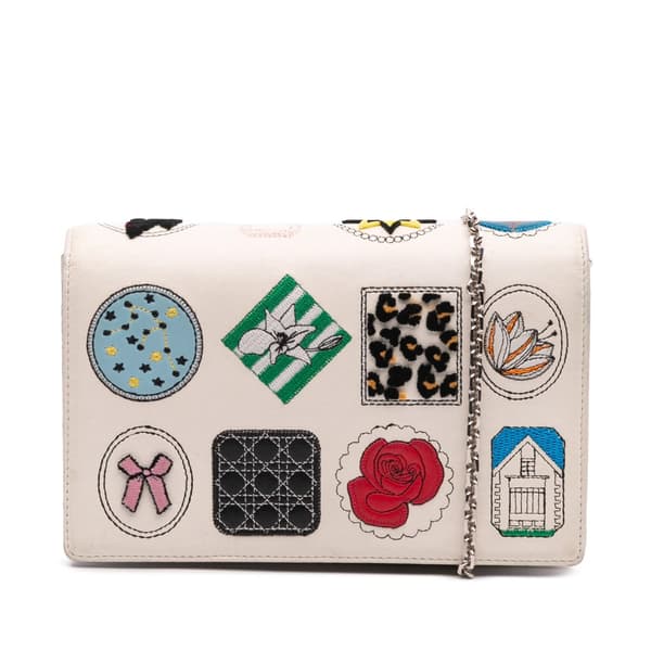Pre-owned Dior Leather Patch Embellished Wallet on Chain White