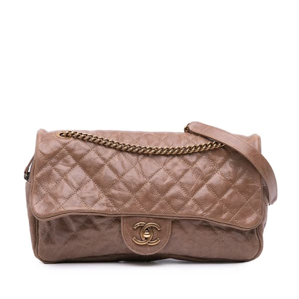 Pre-owned Chanel Large Quilted Glazed Caviar Shiva Flap Brown