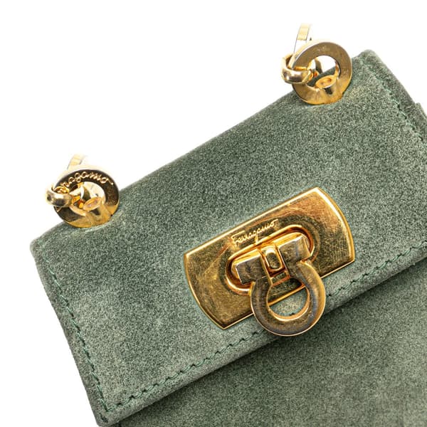 Pre-owned Ferragamo Mini Gancini Suede Chain Crossbody Green