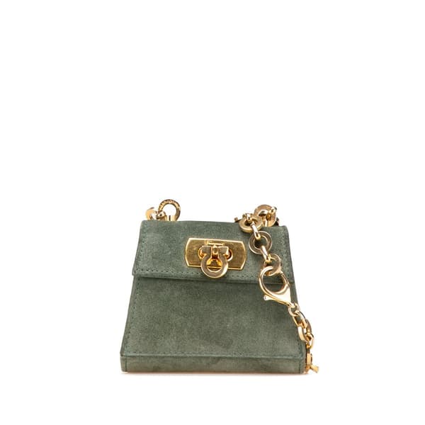 Pre-owned Ferragamo Mini Gancini Suede Chain Crossbody Green